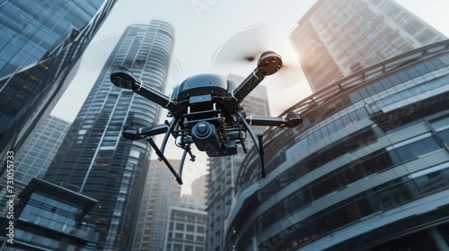 Iconic depiction of online delivery technology featuring a high-speed delivery drone zipping through city skyscrapers, symbolizing the future of efficient logistics