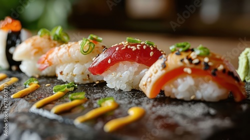 Iconic depiction of miniature sushi nigiri, featuring tiny pieces of perfectly seasoned rice topped with miniature slices of fresh fish, presented on a mini sushi bar