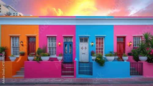 a multicolored building with potted plants and potted plants on the outside of the building and a sunset in the background. photo