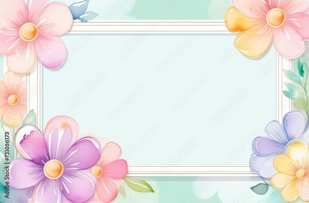 Vibrant watercolor colorful frame of festive party balloons, flowers, bow. Beautiful floral botanical design. Horizontal herbal banner on white background. Wedding invitation, Birthday, business