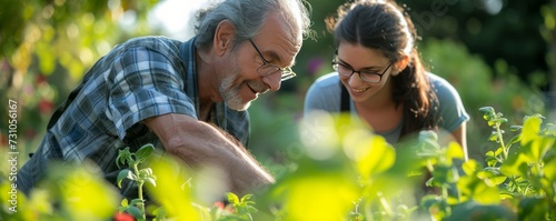 A father and his adult daughter collaborate in a community garden, fostering a bond while cultivating and nurturing plants together.