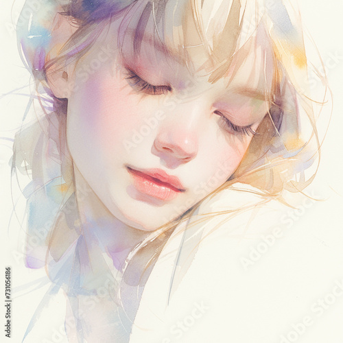 Light watercolor, cute girl face, abstract, white background, few details, dreamy.