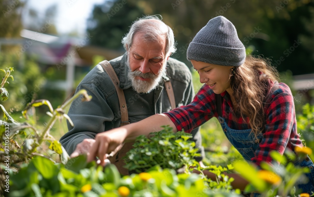 A father and his adult daughter collaborate in a community garden, fostering a bond while cultivating and nurturing plants together. A father and his adult daughter collaborate in a community garden, fostering a bond while cultivating and nurturing plants together.