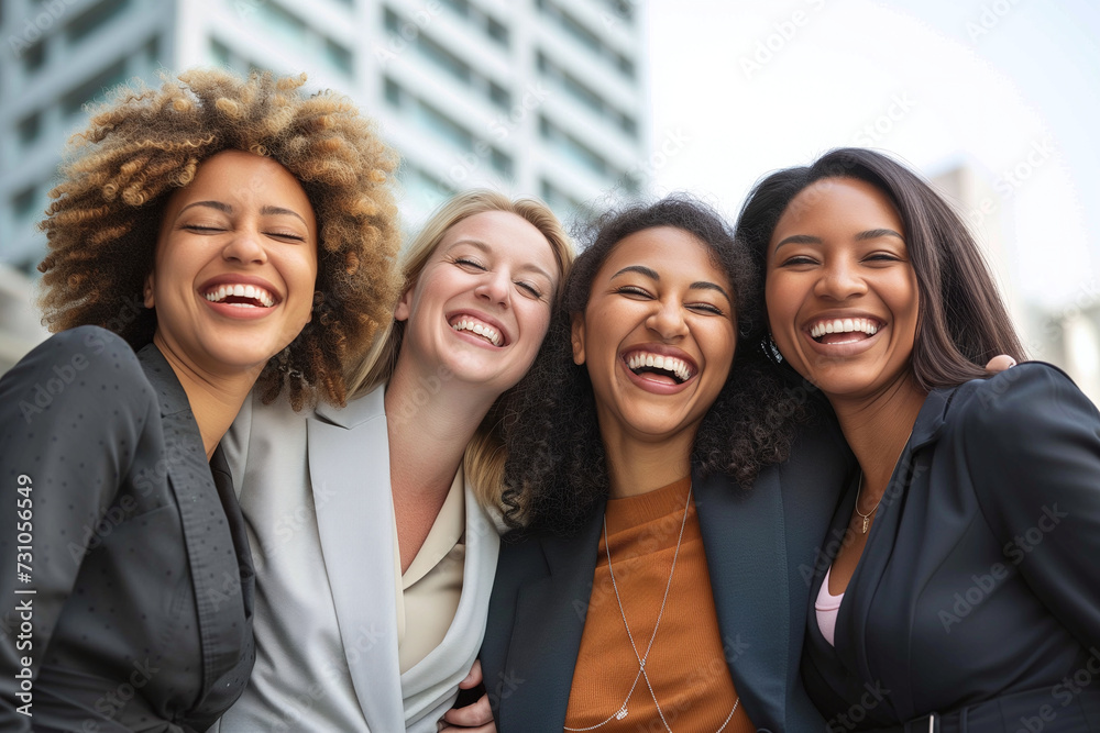 A group of businesswomen laughing together outside the office. A group of businesswomen laughing together outside the office.