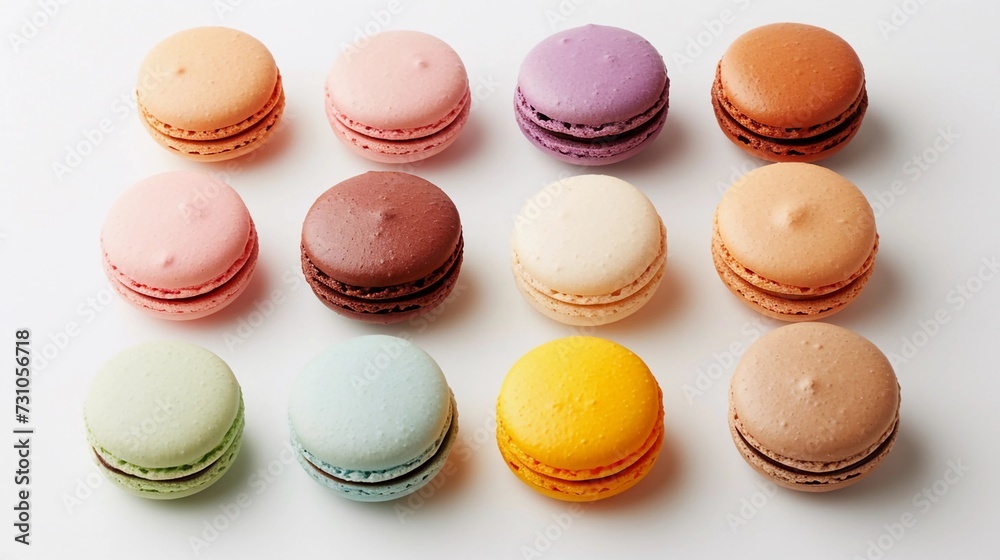 Fototapeta premium Assorted Macarons, arrangement of colorful macarons on a clean white background, background image, generative AI