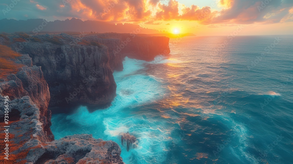 the sun is setting over the ocean with a cliff face in the foreground and a body of water in the foreground. - obrazy, fototapety, plakaty 