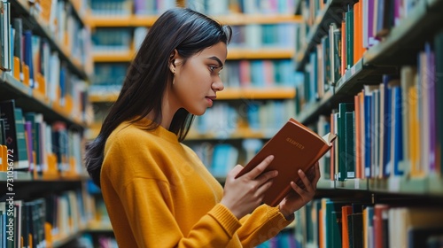 A female university student carefully selects a book from the shelf in the library, reflecting her scholarly pursuits and quest for knowledge.