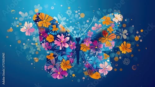 a colorful butterfly with a lot of flowers on it's wings, flying through the air, on a blue background.