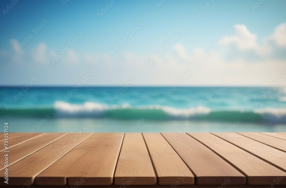 Empty wooden table, bar pier with tropical sunny beach background. Copy space for your promo, text or logo brand. Wood desk board on nature blue sky sea view. Blank tabletop on blur summer ocean scene Empty wooden table, bar pier with tropical sunny beach background. Copy space for your promo, text or logo brand. Wood desk board on nature blue sky sea view. Blank tabletop on blur summer ocean scene