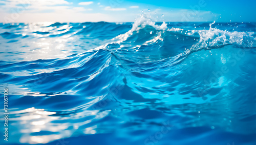 Blue wave background wallpaper, water ripples, natural drops, water splashes, beautiful realistic background of sea or ocean, nature concept.
