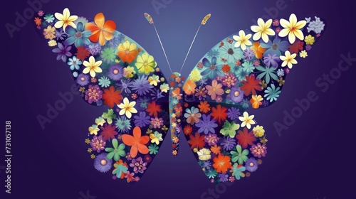 a colorful butterfly with lots of flowers on it's wings, on a purple background with space for text. photo