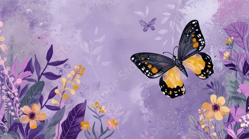a painting of a butterfly on a purple background with yellow and purple flowers and purple and white butterflies in flight. photo