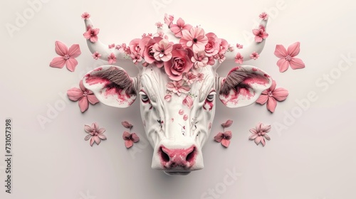 a cow with a bunch of pink flowers on it's head in the shape of a cow's head. photo