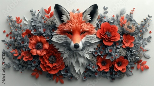 a painting of a fox with red flowers on it's head and behind it is a bunch of leaves and flowers.