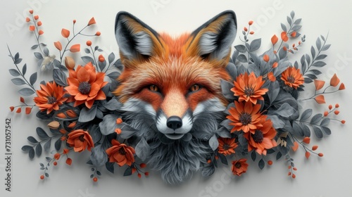 a painting of a fox with orange flowers on it's head and behind it is a picture of a fox with orange flowers on it's head.
