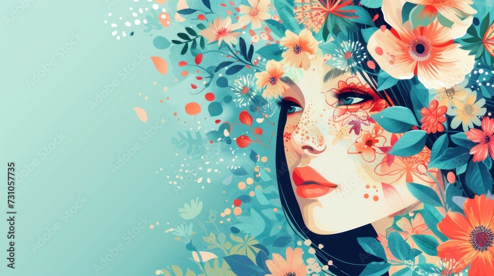 a painting of a woman's face with flowers in her hair and on her face is a blue background.