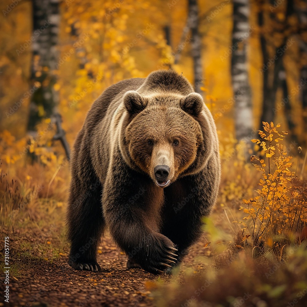 Fototapeta premium Large brown bear strolling through an autumn forest. Made with generative ai