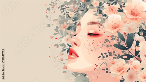 a digital painting of a woman's face with flowers in her hair and her eyes closed to the side. © Nadia