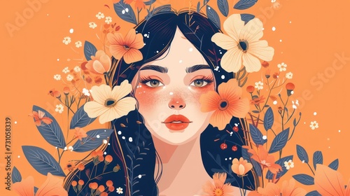 a painting of a woman with flowers in her hair and a flower crown on her head, in front of an orange background. photo