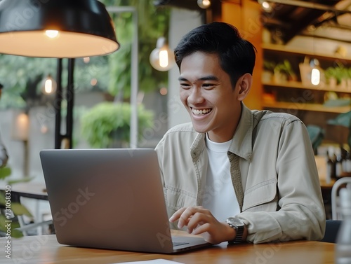 A young Indonesian male in his 20s looking at his laptop screen with a smile and joy