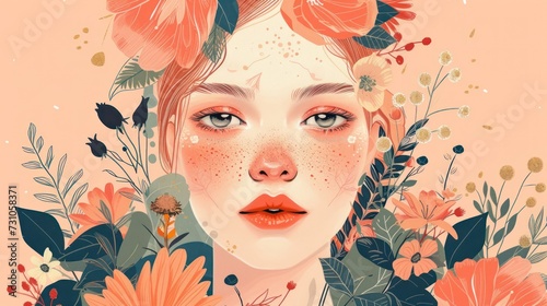 a painting of a woman with freckles on her face and flowers in her hair, with a pink background. photo