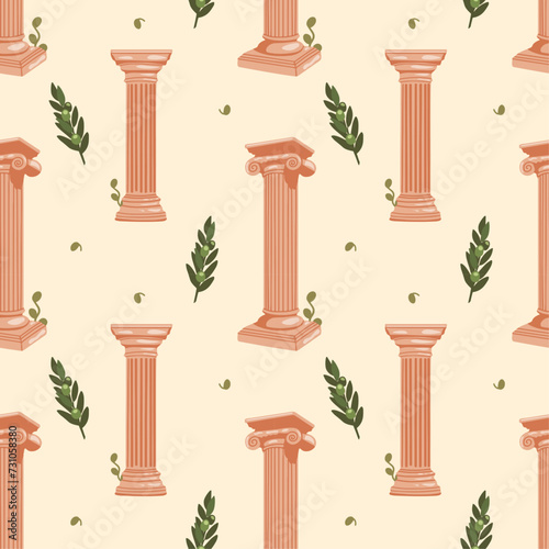 Seamless pattern with Greek motifs. Ancient column with olive elements on  beige background for unique designs. Historical and museum values. Wrapping paper, postcards, printing