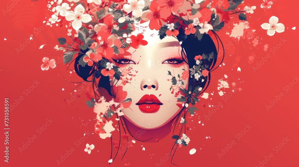a digital painting of a woman's face with red and white flowers in her hair on a red background.