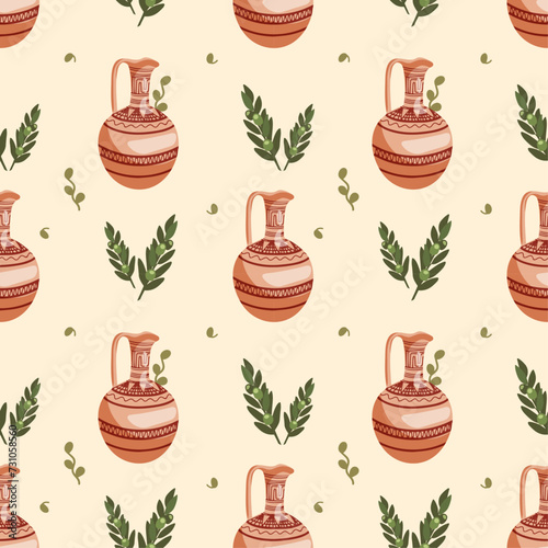 Seamless pattern with Greek motifs. Olive oil jug and olive sprigs on beige background for unique designs. Historical and museum values. Wrapping paper, postcards, printing