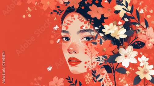 a painting of a woman's face with flowers in her hair and on her face is a red background.