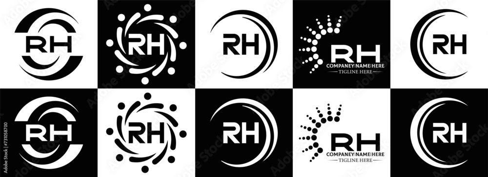 RH logo. RH set , R H design. White RH letter. RH, R H letter logo design. Initial letter RH letter logo set, linked circle uppercase monogram logo. R H letter logo vector design.	

