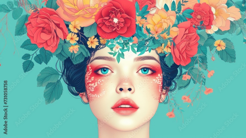 a digital painting of a woman with flowers in her hair and a flower crown on her head, against a blue background.