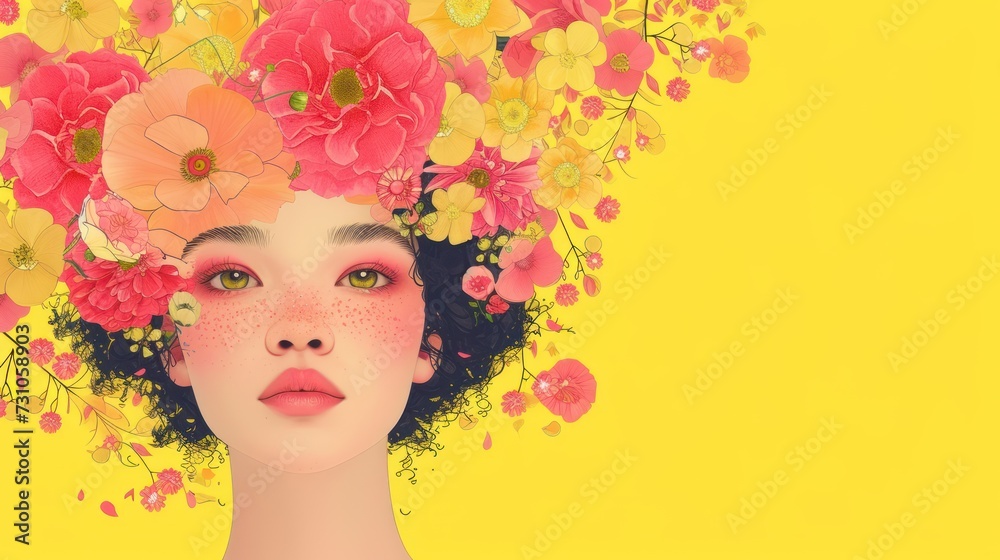 a digital painting of a woman's face with flowers in her hair and a flower crown on her head. a digital painting of a woman's face with flowers in her hair and a flower crown on her head.