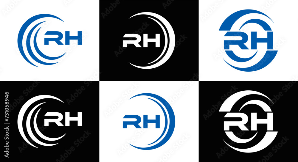 RH logo. RH set , R H design. White RH letter. RH, R H letter logo design. Initial letter RH letter logo set, linked circle uppercase monogram logo. R H letter logo vector design.	
