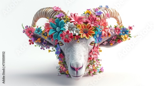 a close up of a goat with flowers on it's head and a flower crown on it's head. photo