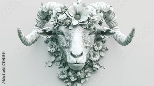 a sculpture of a ram's head with flowers on it's head, on a gray background with a white background.