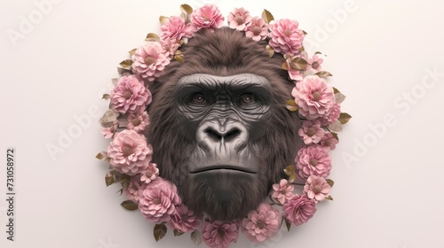 a gorilla with flowers around it's neck and a face in the middle of the frame with the gorilla's head in the middle of the frame.