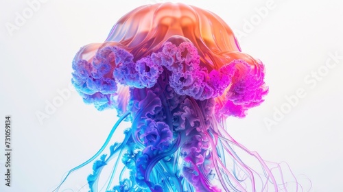 a close up of a jellyfish in a blue, pink, and purple liquid filled body with a white background.