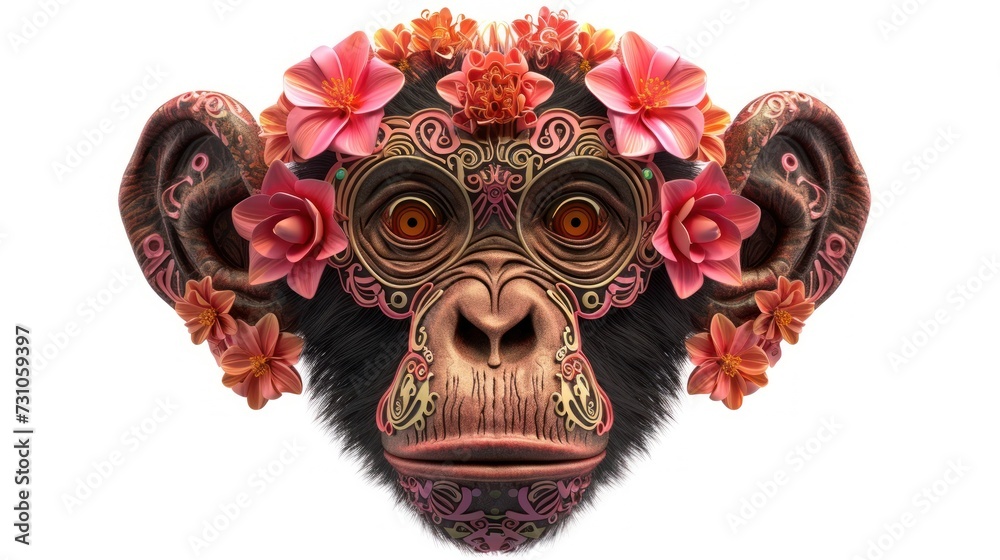 a monkey with flowers on it's head and a flower crown on it's head, with a white background.
