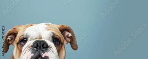A humorous portrait of a purebred English Bulldog provides ample copy space for text, creating a charming and versatile image. © vadymstock