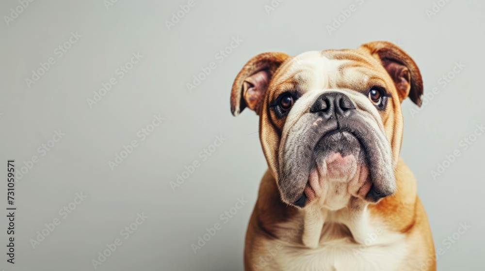 A humorous portrait of a purebred English Bulldog provides ample copy space for text, creating a charming and versatile image. A humorous portrait of a purebred English Bulldog provides ample copy space for text, creating a charming and versatile image.