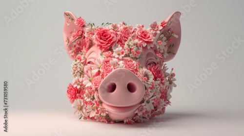 a pink pig with flowers on it's head is shown in the middle of the image, with a gray background. photo