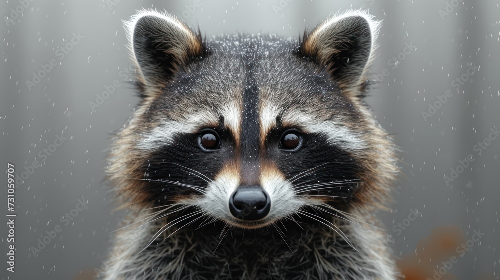 a close up of a raccoon's face with rain falling down on it's face and a curtain in the background.