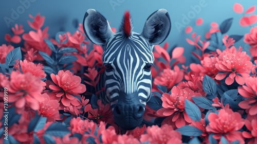 a close up of a zebra in a field of flowers with blue sky in the background and red flowers in the foreground.