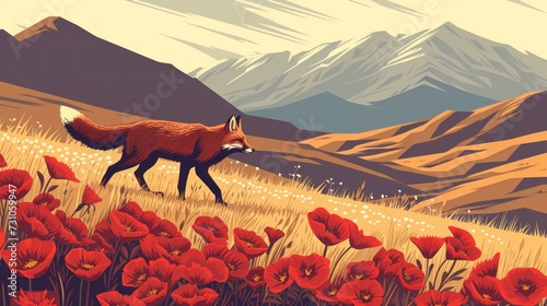 a painting of a red fox walking through a field of red flowers in front of a mountain range with snow capped mountains in the background. photo