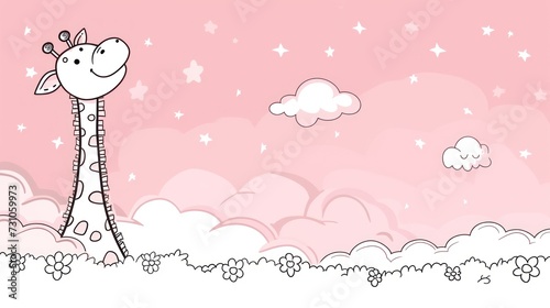 a giraffe standing in the middle of a pink sky with stars and clouds on it s sides.