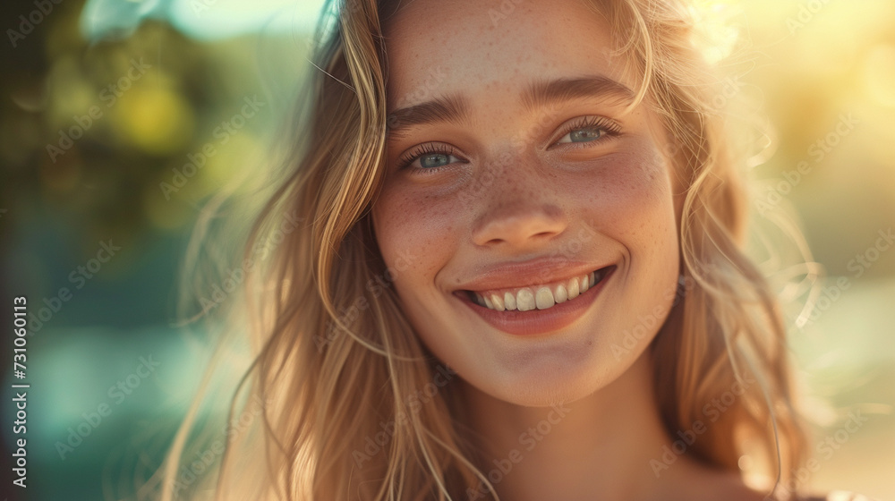 young adult woman, age 20 to 30, relaxed happy smile, smiling, sunshine daylight outdoor, beautiful face close-up front-view, good mood, fictional location young adult woman, age 20 to 30, relaxed happy smile, smiling, sunshine daylight outdoor, beautiful face close-up front-view, good mood, fictional location