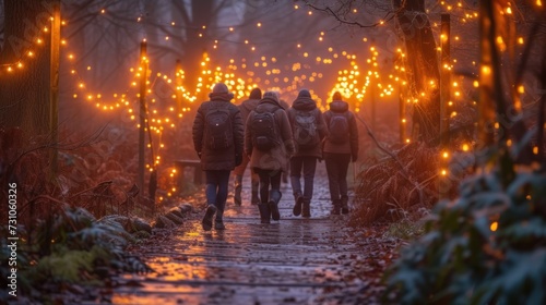 a group of people walking down a path in the rain with lights on the sides of the road behind them.
