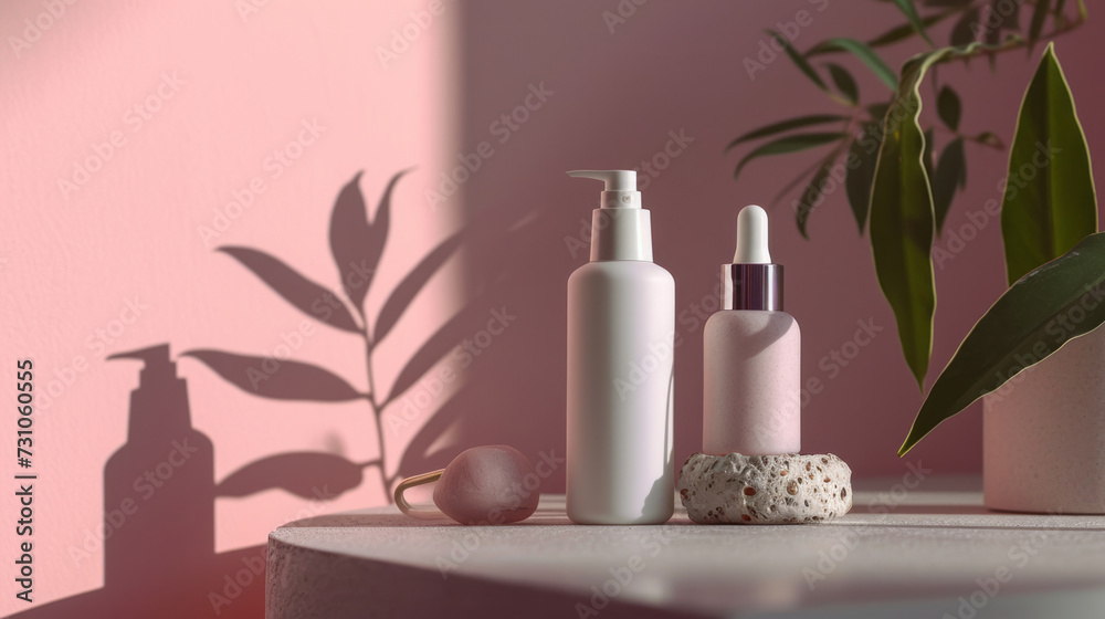 neutral-toned skincare bottles on a circular stone platform with delicate dried flowers in a vase, casting soft shadows in a bright, airy setting. neutral-toned skincare bottles on a circular stone platform with delicate dried flowers in a vase, casting soft shadows in a bright, airy setting.