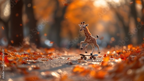 a toy giraffe standing on top of a skateboard in the middle of a forest filled with leaves. photo