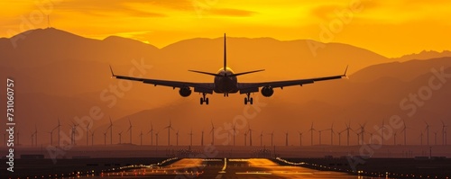 Airplane gracefully takes off at sunset with mountains and wind turbines, symbolizing sustainable future in captivating photo.